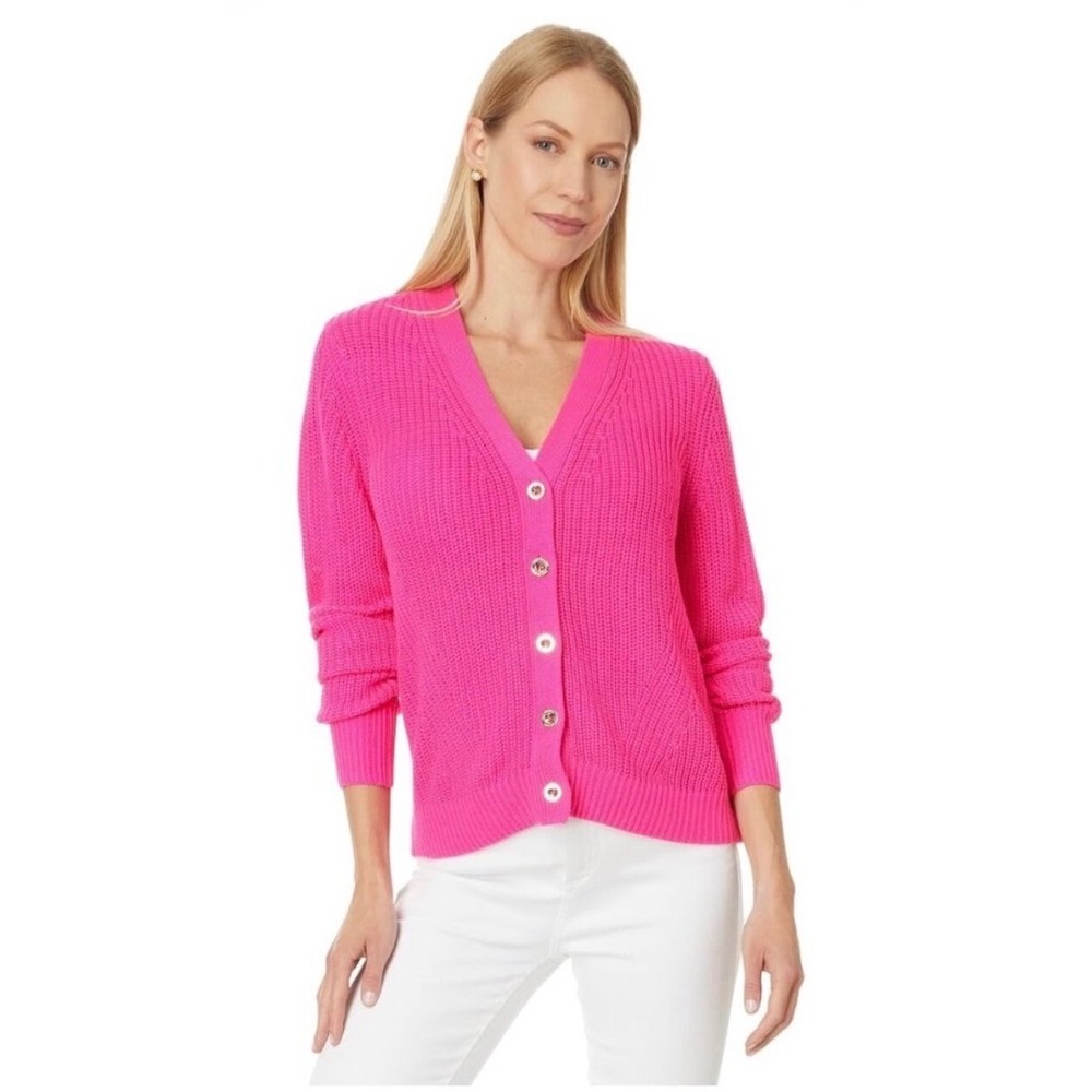 Lilly Pulitzer Hot Pink Bristow Knit Button Front Cardigan Sweater Womens Medium